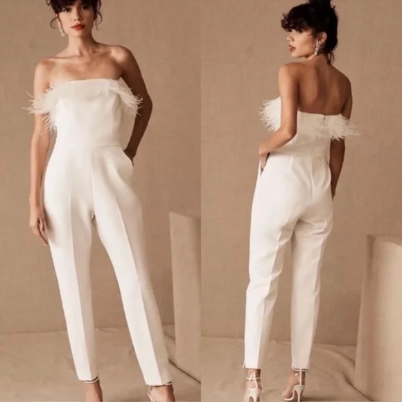 Saylor Janae Ostrich Feather White Jumpsuit size 6 NWT $298 - Picture 1 of 14